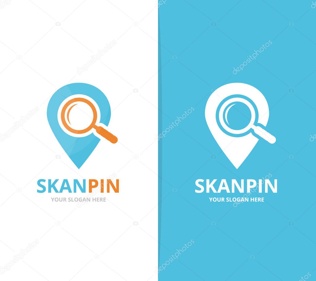 Vector of map pointer and loupe logo combination. GPS locator and magnifying symbol or icon. Unique pin and search logotype design template.