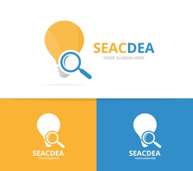 Vektör lamba ve Büyüteç logo bileşimi. Ampul ve simge veya simge büyütme. Benzersiz bir fikir ve arama logo tasarım şablonu.