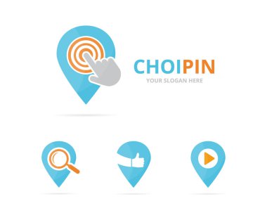 Harita işaretçi logo birlikte kümesi. GPS Konum Belirleyicisi ve imleç simge veya simge. Benzersiz pin ve dijital logo tasarım şablonu.