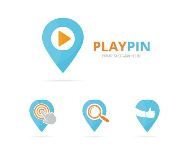 Harita işaretçi logo birlikte kümesi. GPS Konum Belirleyicisi ve kayıt sembolü veya simge. Benzersiz pin ve ses, video logo tasarım şablonu.