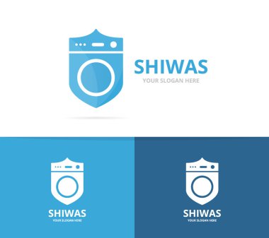 Vektör Çamaşırhane ve kalkan logo birleşimi. Makine ve güvenlik sembolü veya simge yıkama. Benzersiz çamaşır makinesi ve Muhafız logo tasarım şablonu.