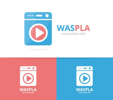 Çamaşırhane ve düğme vektör logo birlikte oynamak. Çamaşır makinesi ve kayıt sembolü veya simge. Benzersiz çamaşır makinesi ve ses, video logo tasarım şablonu.