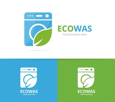 Vektör Çamaşırhane ve yaprak logo birleşimi. Makine ve eko simge veya simge yıkama. Benzersiz yıkayıcı ve organik logo tasarım şablonu.