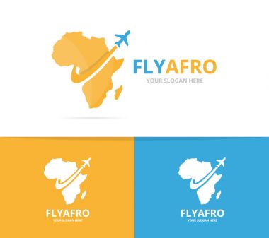 Vektör Afrika ve uçak logo bileşimi. Safari ve seyahat etmek simge veya simge. Benzersiz coğrafya, kıta ve uçuş logo tasarım şablonu.