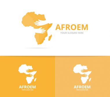 Vektör Afrika ve eller logo bileşimi. Safari ve kucaklama simge veya simge. Benzersiz coğrafya, kıta ve sarılmak logo tasarım şablonu.
