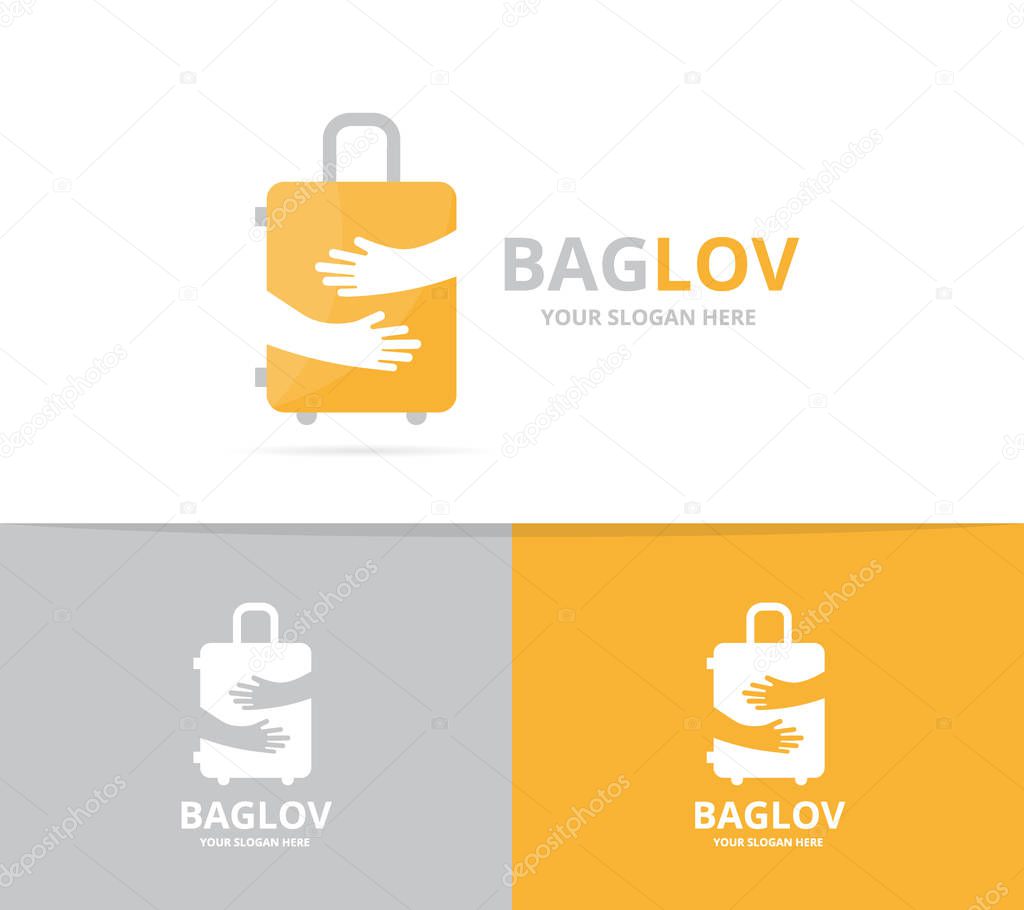 Vector of bag and hands logo combination. Baggage and embrace symbol or icon. Unique suitcase and hug logotype design template.