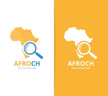 Vektör Afrika ve Büyüteç logo bileşimi. Safari ve simge veya simge büyütme. Benzersiz coğrafya, kıta ve arama logo tasarım şablonu.