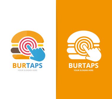 Burger vektör ve logo bileşimini tıklatın. Hamburger ve imleç simge veya simge. Benzersiz çerez, fastfood ve dijital logo tasarım şablonu.