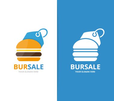Vektör burger ve etiketi logosu bileşimi. Hamburger ve Dükkanı simge veya simge. Benzersiz fastfood ve etiket logo tasarım şablonu.