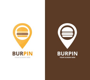 Vektör burger ve harita işaretçi logo bileşimi. Hamburger ve gps Konumlandırıcı simge veya simge. Benzersiz fastfood ve PIN logo tasarım şablonu.