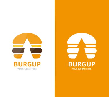 Vektör burger ve logo birlikte yukarı ok. Hamburger ve büyüme simge veya simge. Benzersiz fastfood ve upload logo tasarım şablonu.