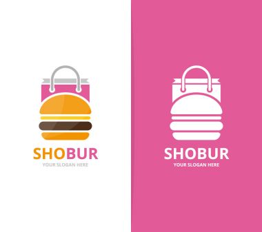 Vektör burger ve Dükkanı logo bileşimi. Hamburger ve satış sembol veya simge. Benzersiz fastfood ve çanta logo tasarım şablonu.