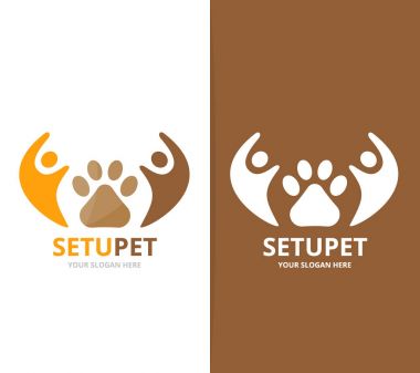 Vektör pençe ve insanlar logo bileşimi. Evde beslenen hayvan ve aile simge veya simge. Benzersiz veteriner ve Birliği, yardım, bağlanmak, takım logo tasarım şablonu.