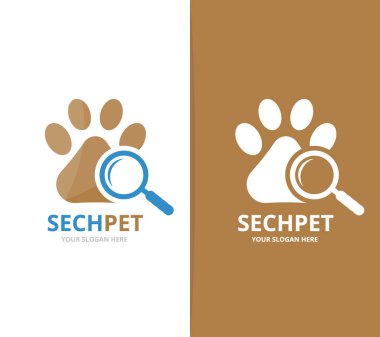 Vektör pençe ve Büyüteç logo bileşimi. Evde beslenen hayvan ve simge veya simge büyütme. Benzersiz veteriner ve arama logo tasarım şablonu.