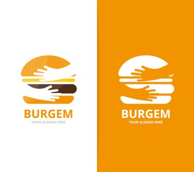 Vektör burger ve eller logo bileşimi. Hamburger ve kucaklama simge veya simge. Benzersiz fastfood ve ekibi, dostluk logo tasarım şablonu.
