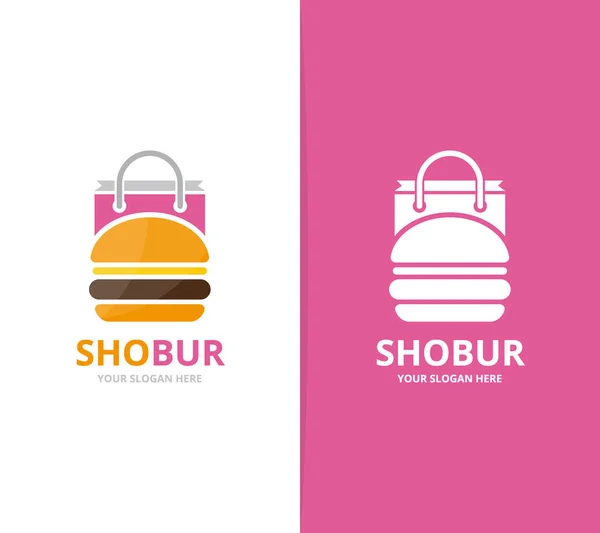 Vektor burger és shop logo kombinációja. Hamburger és eladó szimbólum vagy ikon. Egyedi gyorsétterem és táska logo design sablon. — Stock Vector