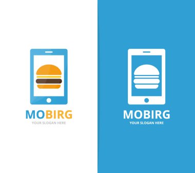 Vektör burger ve telefon logo bileşimi. Hamburger ve mobil simge veya simge. Benzersiz fastfood ve aygıt logo tasarım şablonu.