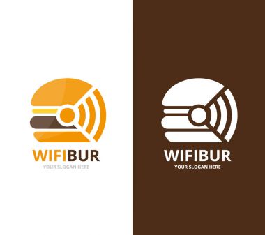 Vektör burger ve wifi logo bileşimi. Hamburger ve sinyal simge veya simge. Benzersiz fastfood ve radyo, internet logo tasarım şablonu.