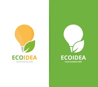 Vektör lamba ve yaprak logo bileşimi. Ampul ve eko simge veya simge. Benzersiz bir fikir ve organik logo tasarım şablonu.
