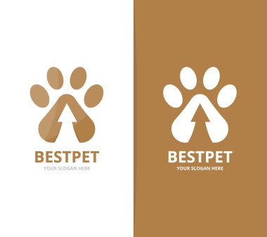 Vektör pençe ve logo birlikte yukarı ok. Evde beslenen hayvan ve büyüme simge veya simge. Benzersiz veteriner ve logo tasarım şablonu yükleyin.