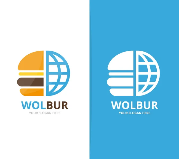 Burger vectoriel et combinaison logo planète. Hamburger et symbole ou icône du monde. Modèle unique de conception de logotype fastfood et globe . — Image vectorielle