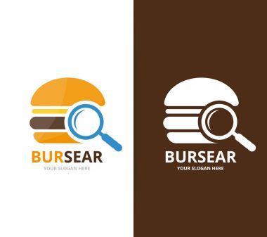 Vektör burger ve Büyüteç logo bileşimi. Hamburger ve simge veya simge büyütme. Benzersiz çerez, fastfood ve arama logo tasarım şablonu.