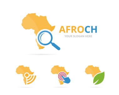 Afrika logosu kombinasyonu kümesi. Safari ve simge veya simge büyütme. Benzersiz coğrafya, kıta ve arama logo tasarım şablonu.