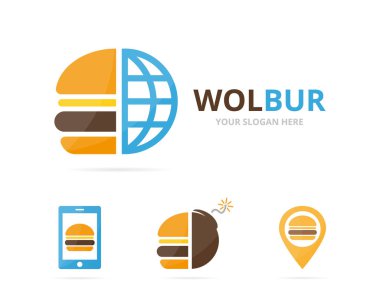 Burger logo birlikte kümesi. Hamburger ve dünya simge veya simge. Benzersiz fastfood ve küre logo tasarım şablonu.
