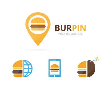 Burger logo birlikte kümesi. Hamburger ve gps Konumlandırıcı simge veya simge. Benzersiz fastfood ve PIN logo tasarım şablonu.