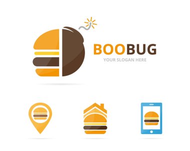 Burger logo birlikte kümesi. Hamburger ve simge veya simge patlatmak. Benzersiz fastfood ve silah logo tasarım şablonu.