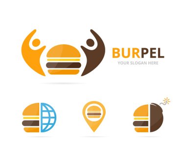 Burger logo birlikte kümesi. Hamburger ve aile simge veya simge. Benzersiz fastfood ve Birliği, yardım, bağlanmak, takım logo tasarım şablonu.