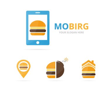 Burger logo birlikte kümesi. Hamburger ve mobil simge veya simge. Benzersiz fastfood ve aygıt logo tasarım şablonu.