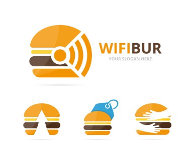 Burger logo birlikte kümesi. Hamburger ve sinyal simge veya simge. Benzersiz fastfood ve radyo, internet logo tasarım şablonu.