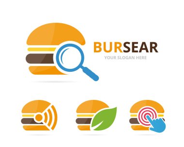 Burger logo birlikte kümesi. Hamburger ve simge veya simge büyütme. Benzersiz çerez, fastfood ve arama logo tasarım şablonu.