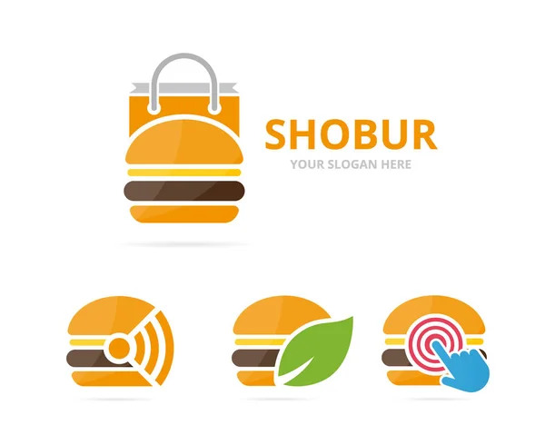 Burger billentyű kombináció készlet. Hamburger és eladó szimbólum vagy ikon. Egyedi gyorsétterem és táska logo design sablon. — Stock Vector
