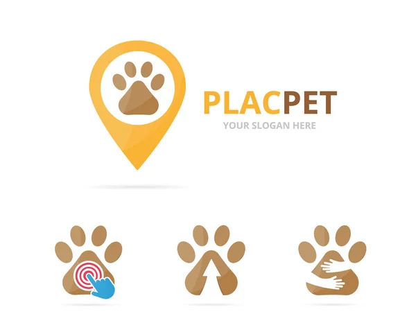 Set of paw logo combination. Pet and gps locator symbol or icon. Unique vet and pin logotype design template. — Stock Vector