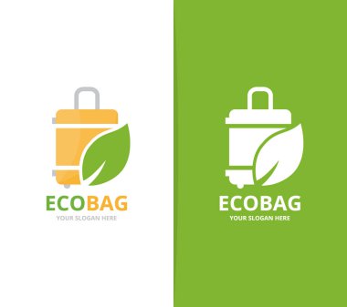 Vektör çanta ve yaprak logo birleşimi. Bagaj ve eko simge veya simge. Benzersiz seyahat ve organik logo tasarım şablonu.