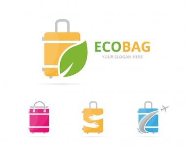Çanta logo birlikte kümesi. Bagaj ve eko simge veya simge. Benzersiz seyahat ve organik logo tasarım şablonu.
