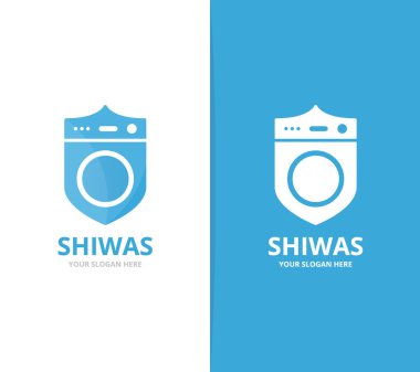 Vektör Çamaşırhane ve kalkan logo birleşimi. Makine ve güvenlik sembolü veya simge yıkama. Benzersiz çamaşır makinesi ve Muhafız logo tasarım şablonu.