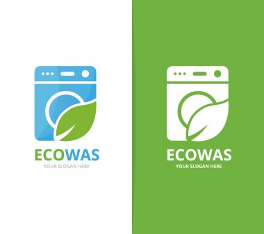 Vektör Çamaşırhane ve yaprak logo birleşimi. Makine ve eko simge veya simge yıkama. Benzersiz yıkayıcı ve organik logo tasarım şablonu.
