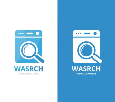 Vektör Çamaşırhane ve Büyüteç logo birleşimi. Çamaşır makinesi ve Büyüteç simgesi veya simge. Benzersiz çamaşır makinesi ve arama logo tasarım şablonu.