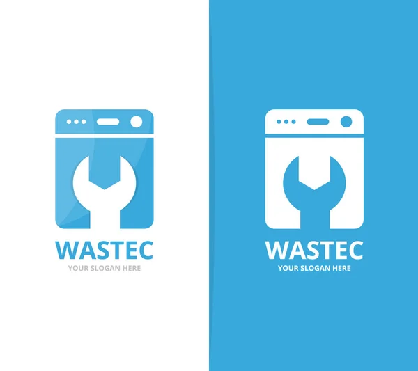 Vector van Wasserij logo combinatie. Wassen machine en reparatie symbool of pictogram. Unieke wasmachine en fix logo ontwerpsjabloon. — Stockvector