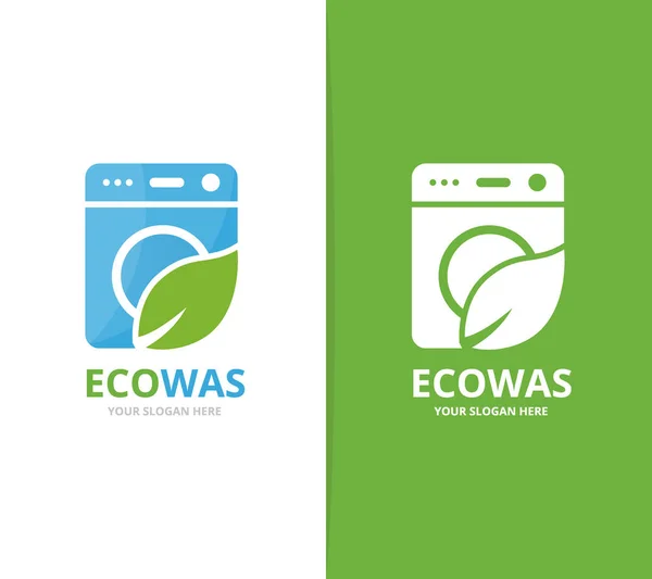 Vector van Wasserij en blad logo-combinatie. Wassen machine en eco-symbool of pictogram. Unieke wasmachine en biologische logo ontwerpsjabloon. — Stockvector