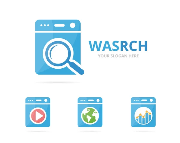 Set von Wäsche-Logo-Kombination. Waschmaschine und Vergrößerungssymbol oder -symbol. einzigartige Designvorlage für Unterlegscheiben und Suchlogos. — Stockvektor