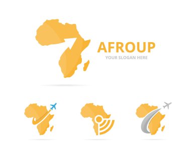 Afrika logosu kombinasyonu kümesi. Safari ve büyüme simge veya simge. Benzersiz coğrafya, kıta ve upload logo tasarım şablonu.