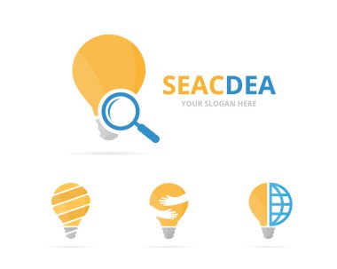 Lamba logo birlikte kümesi. Ampul ve simge veya simge büyütme. Benzersiz bir fikir ve arama logo tasarım şablonu.