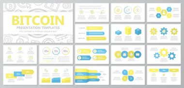 Dijital para ve bitcoin, grafikler ve çok amaçlı sunum şablonu slaytlar için cryptocurrency öğeleri kümesi. Broşür, kurumsal rapor, pazarlama, reklam, faaliyet raporu, kitap
