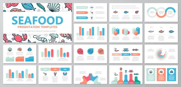 Set of fish and sea food elements for multipurpose presentation template slides with graphs and charts. Leaflet, corporate report, marketing, advertising, annual report, book cover design. — Stock Vector