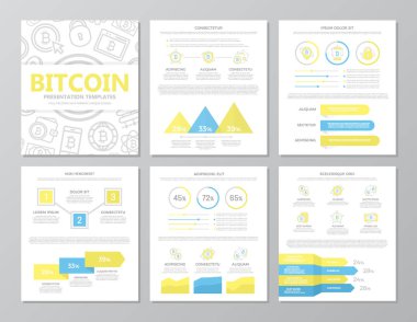 Renkli dijital para ve bitcoin öğeleri ile grafikler ve çok amaçlı a4 sunu şablonu slaytlar için kümesi. Broşür, kurumsal rapor, pazarlama, reklam, faaliyet raporu, kitap kapağı 