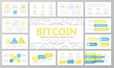 Dijital para ve bitcoin, grafikler ve çok amaçlı sunum şablonu slaytlar için cryptocurrency öğeleri kümesi. Broşür, kurumsal rapor, pazarlama, reklam, faaliyet raporu, kitap